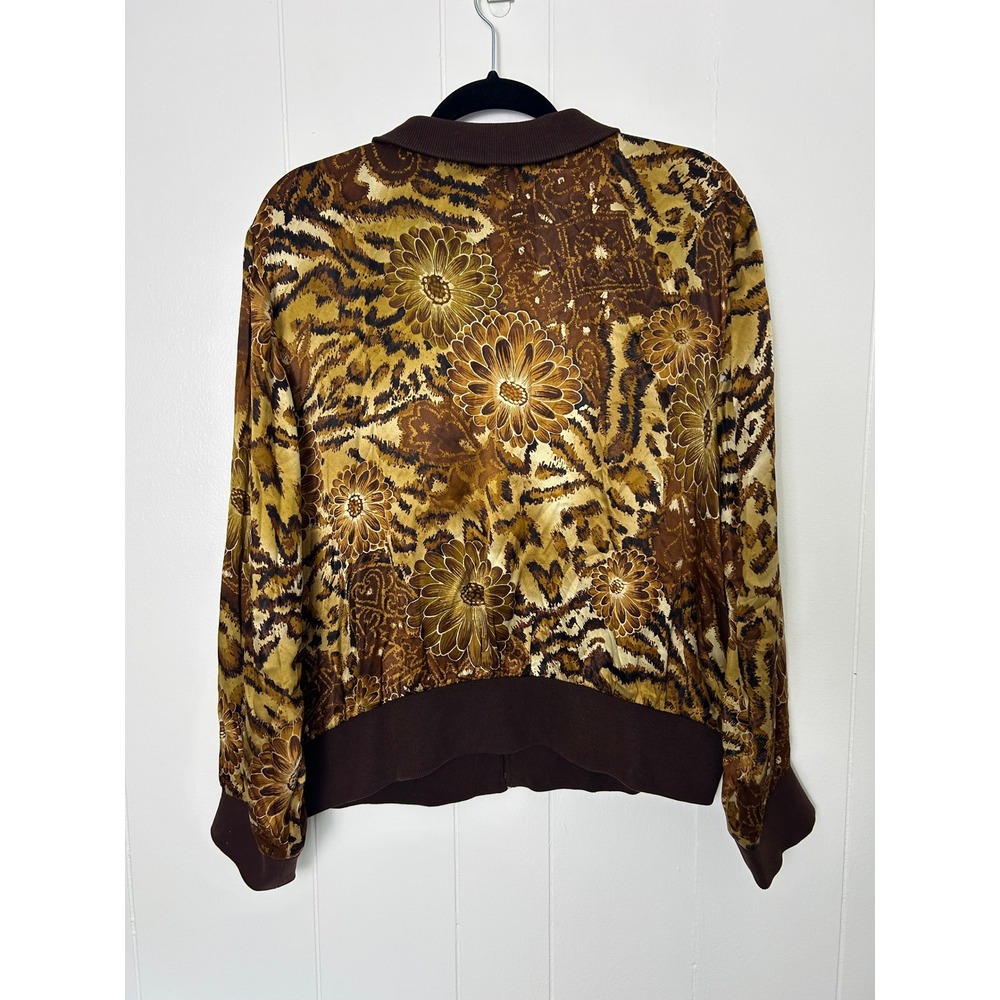 Spenser Jeremy 100% Silk Jacket 1X Brown Leopard Floral Bomber Mob Wife vintage - Picture 2 of 8